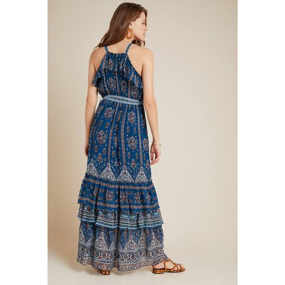 New Anthropologie Sasha Ruffled Tiered Maxi Dress $198 SMALL Blue Boho - Picture 3 of 5